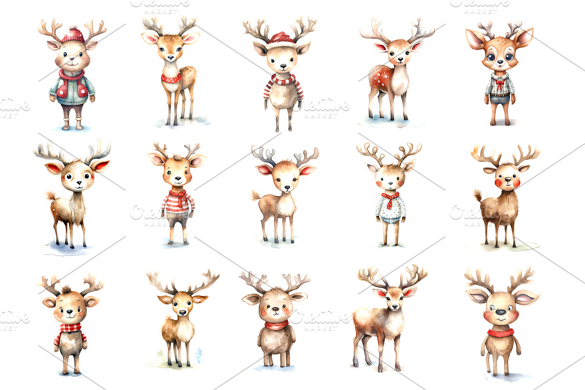 Watercolor Christmas Deer. Set., an Animal Illustration by KENO Mascots (Photo 2 of 6)