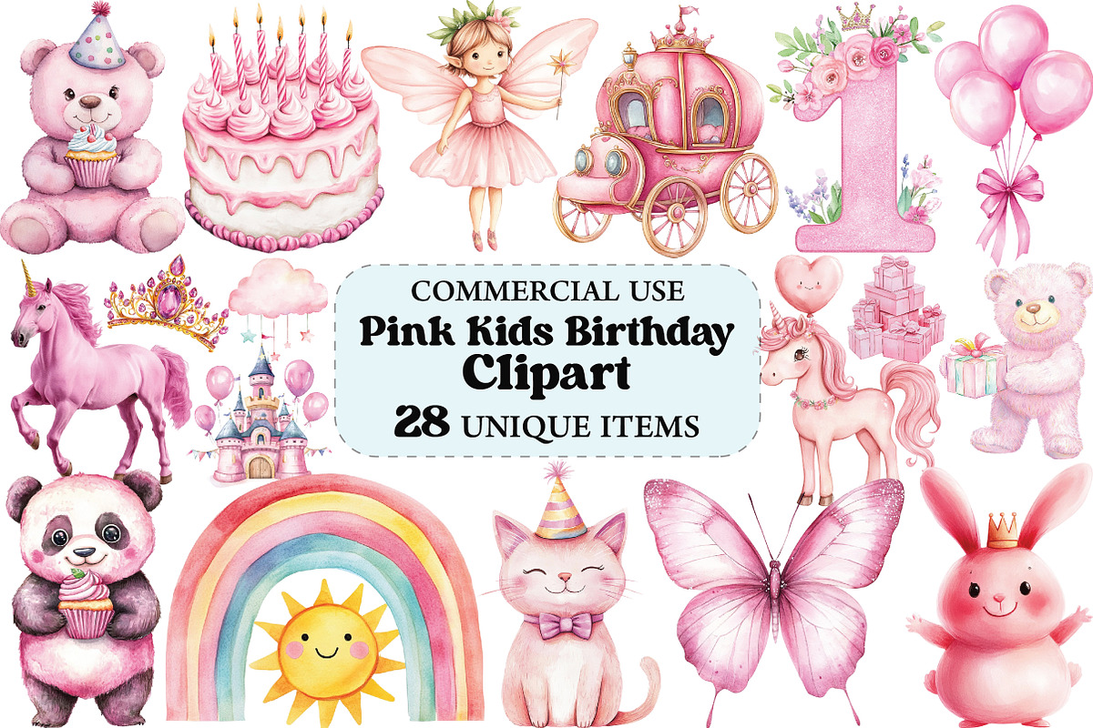 Pink Kids Birthday Clipart, an Illustration by Craft Nest (Photo 1 of 5)