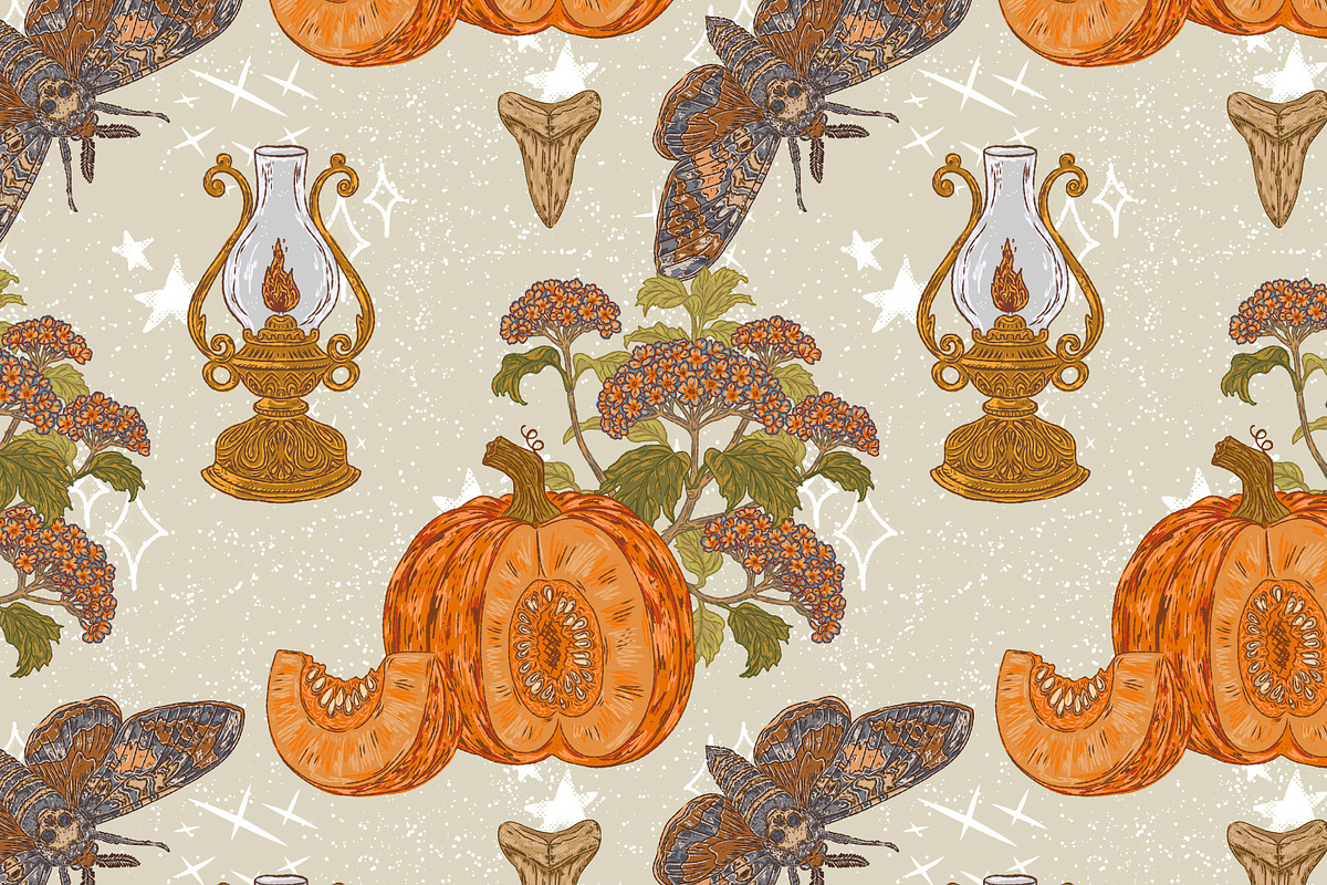 Pumpkin, Hawk Moth, Kerosene Lamp, a Pattern Graphic by NayaChu (Photo 2 of 9)