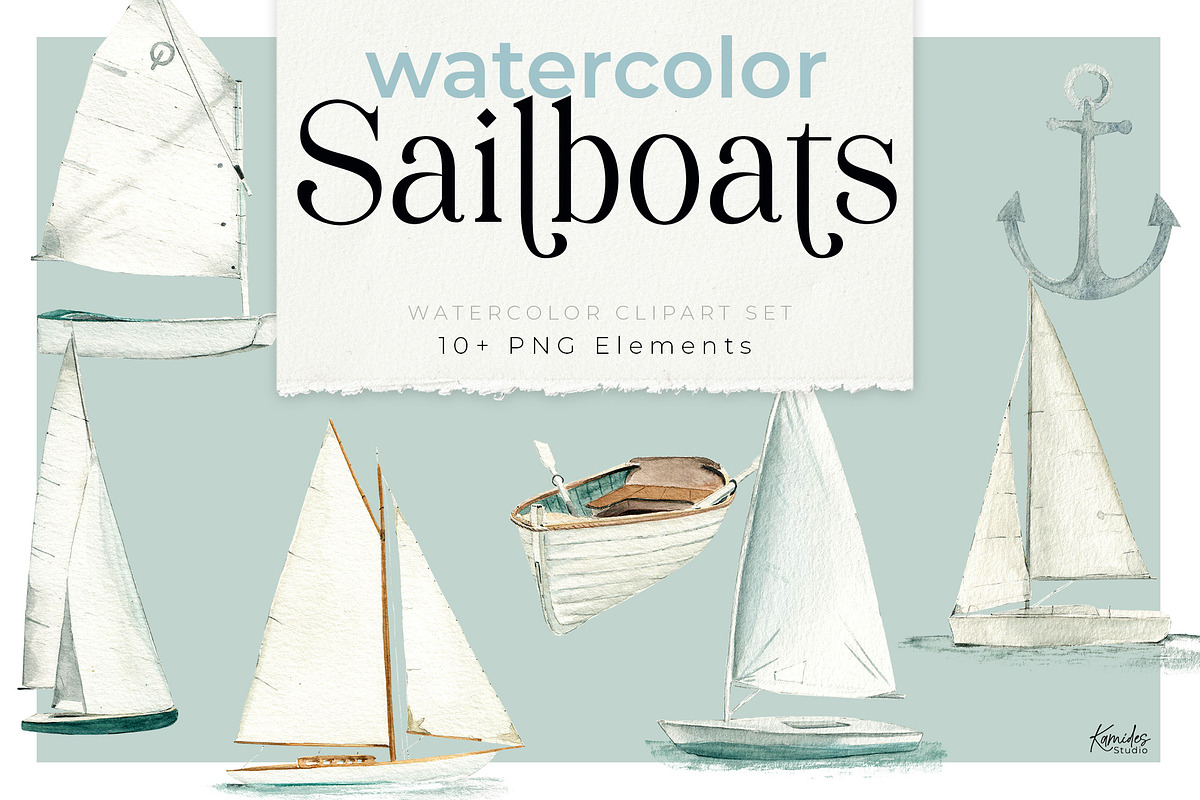 Sailboats Watercolor Clipart Set, an Illustration by Kamides (Photo 1 of 4)