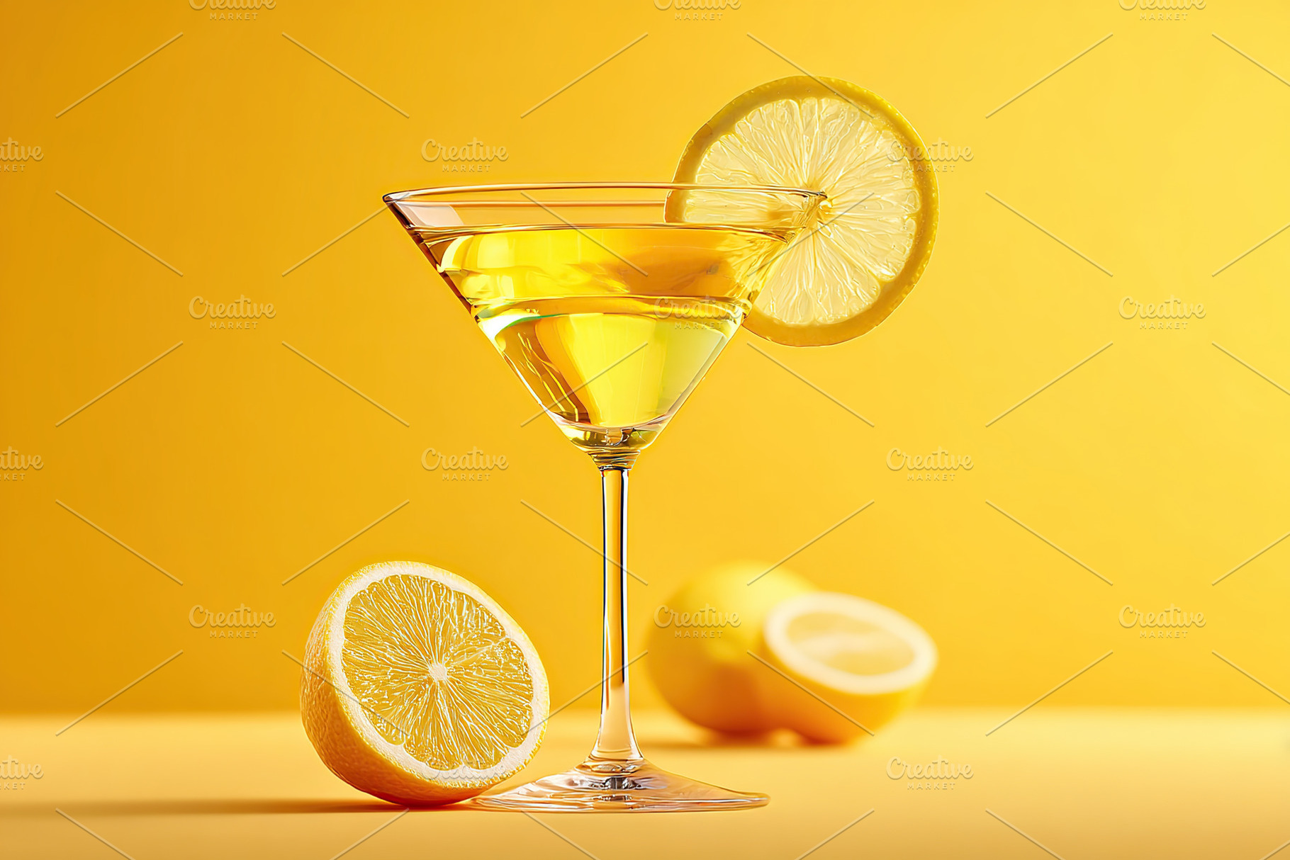 Bright lemon cocktail served in a glass with fresh lemons on a vibrant yellow b, a Food & Drink Photo by AlyaAnd