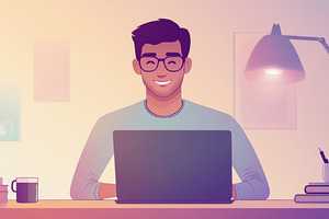 Smiling Man Working on Laptop in Cozy Workspace, an Abstract Photo by Natalia Klenova's Shop