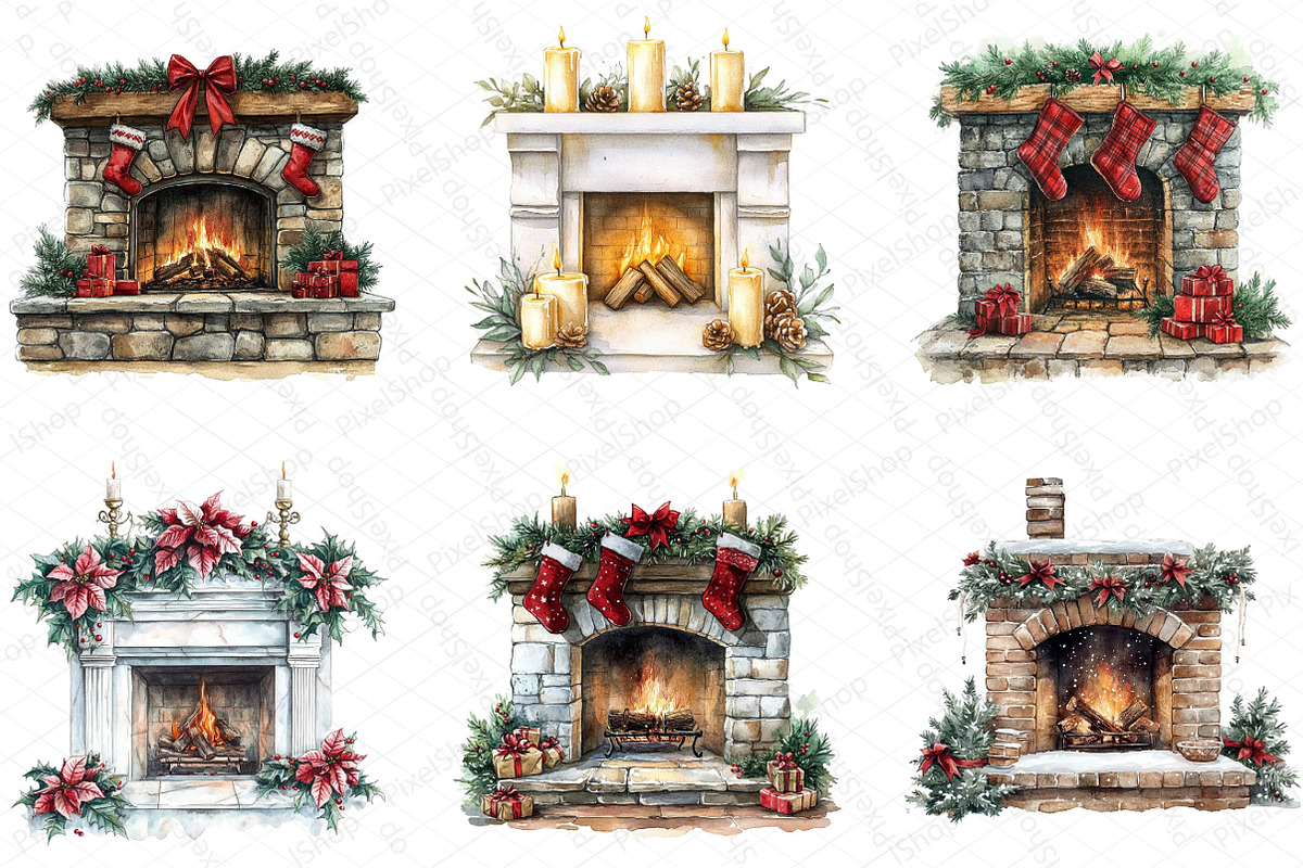 Watercolor Christmas Fireplace Clipa, an Illustration by DreamPrint404 (Photo 2 of 5)
