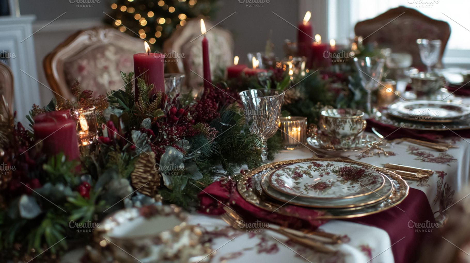 Elegant Christmas dining table setup with vintage dinnerware, holiday centerpie, a Photo by Studio ANNA