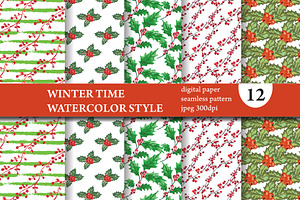12 Winter Seamless Patterns Set