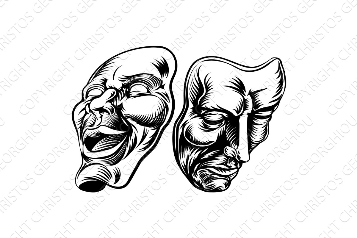 Theatre Masks Comedy Tragedy Comedy, an Illustration by Christos Georghiou