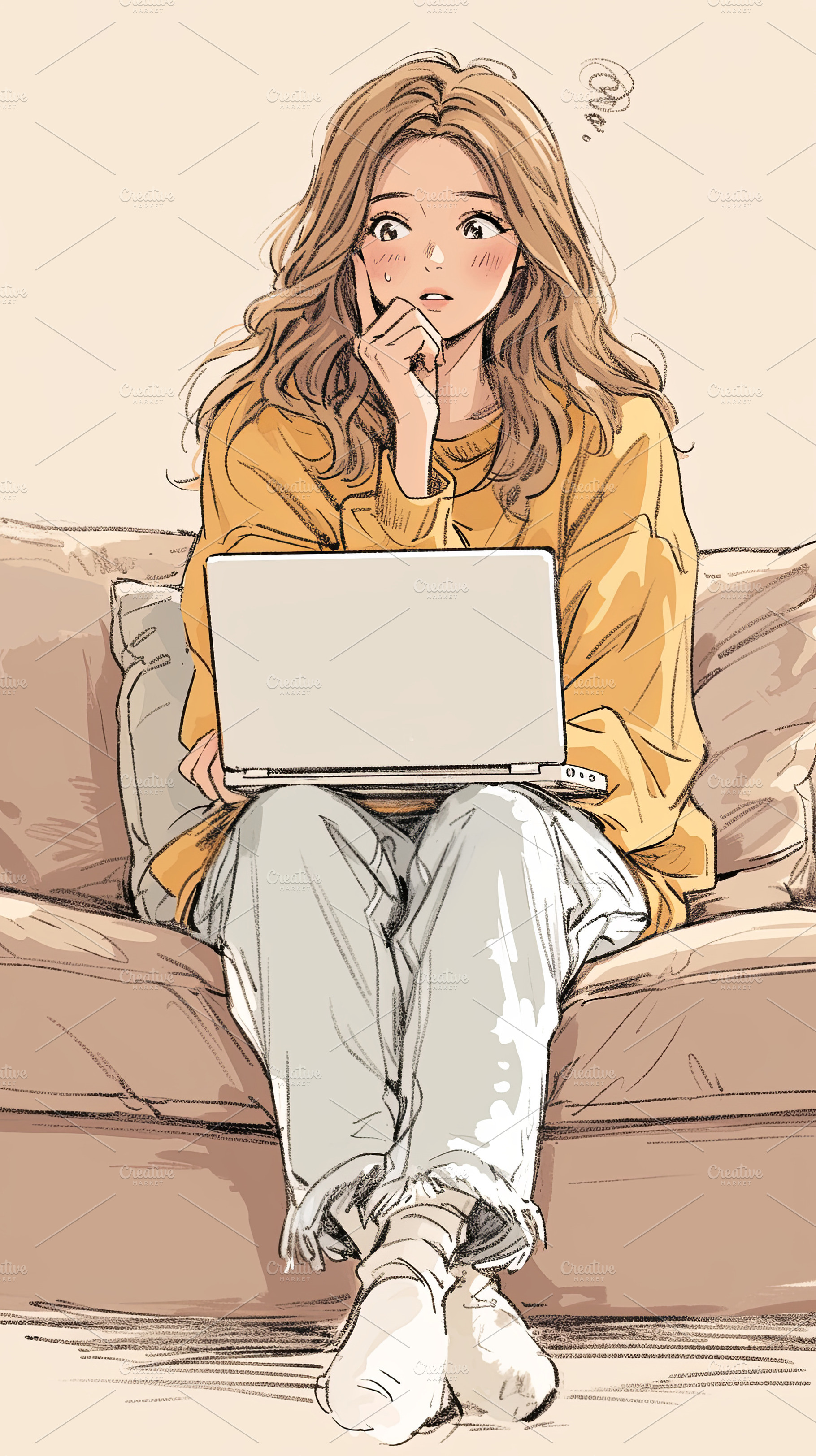 Young woman sitting on couch holding a laptop and looking pensive, a Photo by AS photostudio