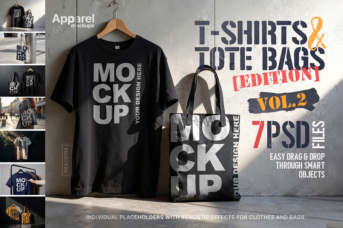 T-Shirt & Tote Bag Mockups Vol. 2, a Shirt Mockup by BMACHINA Labs. (Photo 1 of 6)