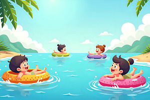 Kids Floating On Tropical Island Inf, a Photo by LOGOCREATIVE