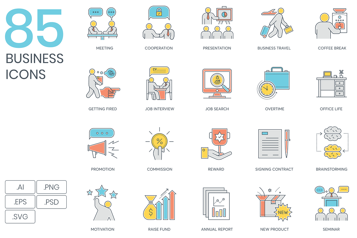 85 Business Color Line Icons, an Outline Icon by Flat Icons (Photo 1 of 6)
