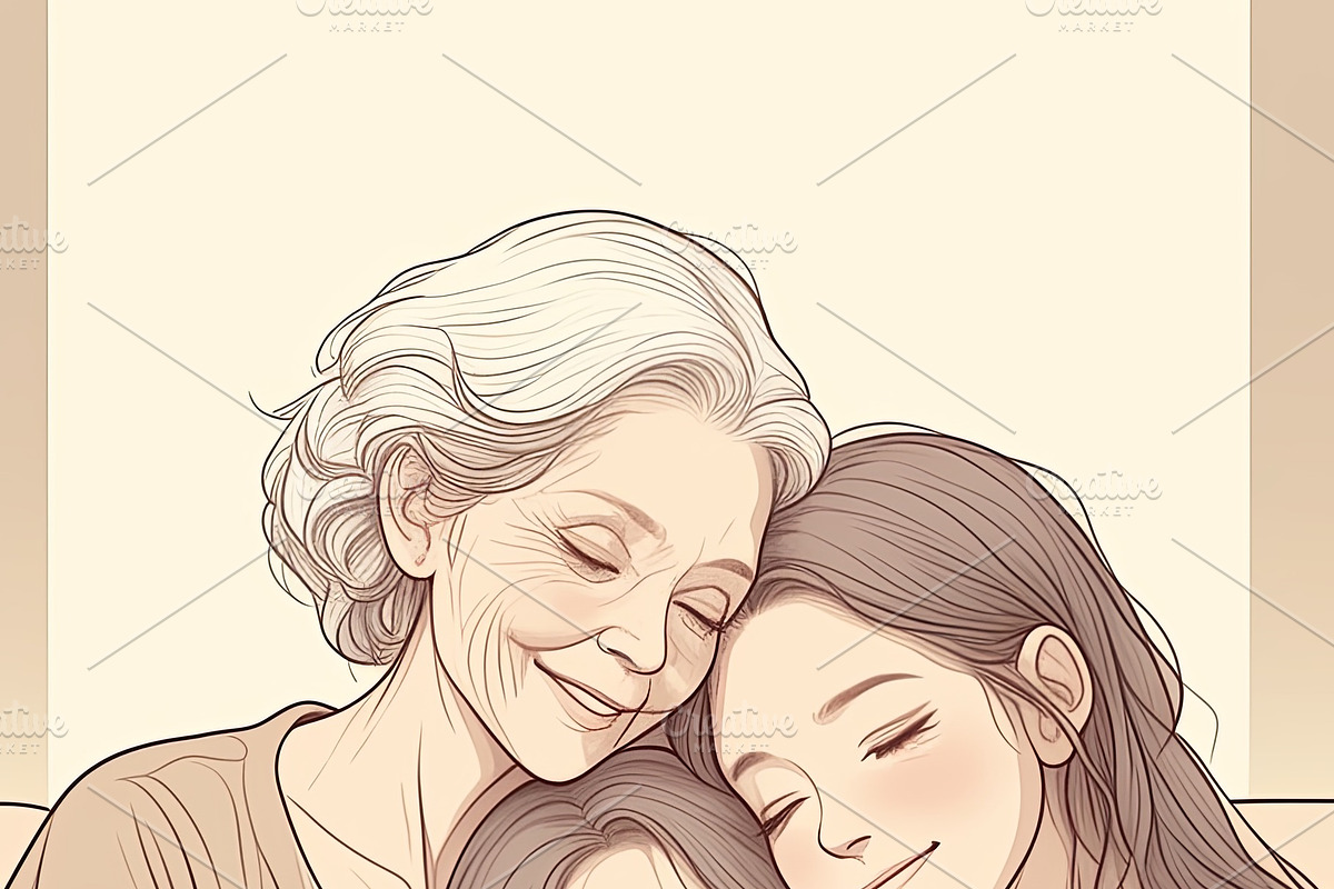 Three generations of women sharing love and family bonds in warm embrace, an Illustration by AS photostudio
