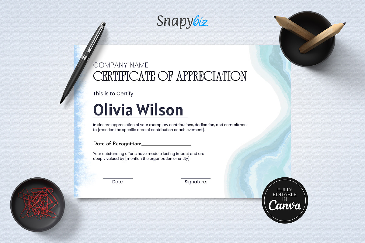 Blue Certificate Appreciation Canva, a Card Template by Snapybiz (Photo 3 of 10)