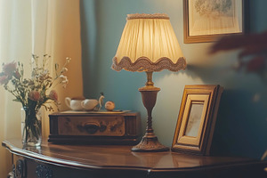Beautiful vintage lamp on a wooden t, a Photo by Tanuart