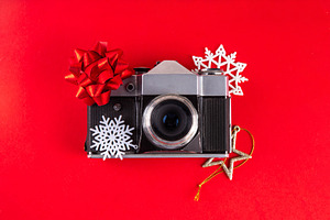 High-colored background with Christmas gifts, festive baubles, r