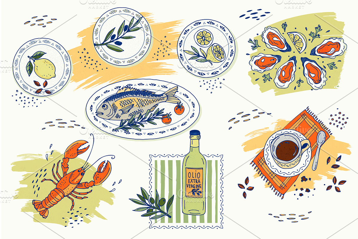 Hand drawn italian food set with, a Food Illustration by Zimages