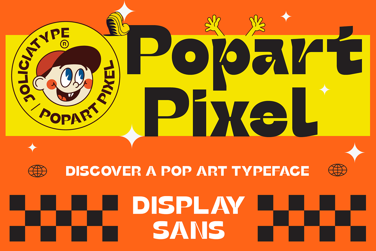 Popart Pixel | Pop Art Display Font, a Sans Serif Font by Jolicia Type (Photo 1 of 15)