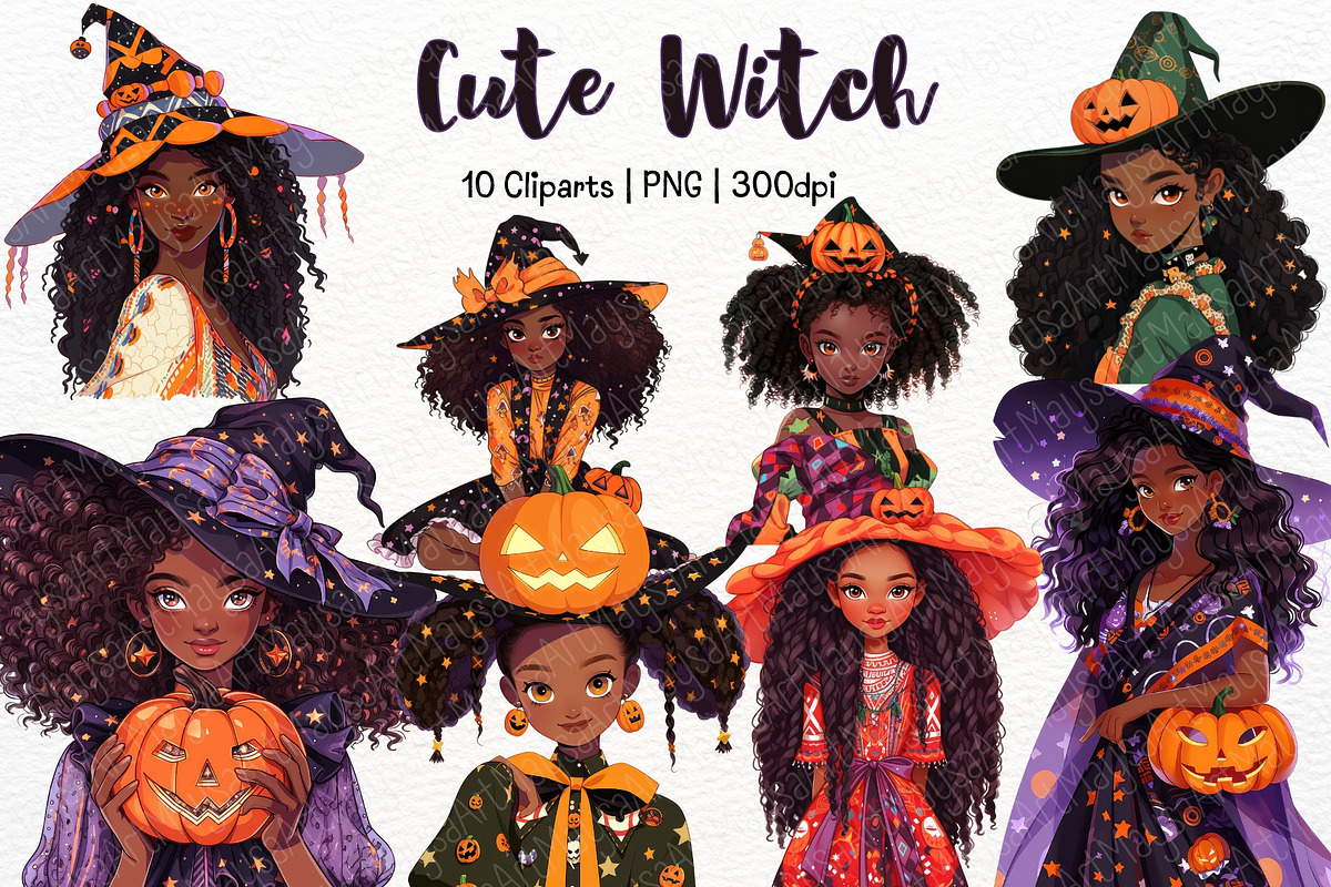 Witch Clipart Watercolor PNG Bundle, a Seasonal Illustration by Maysa Art (Photo 1 of 5)