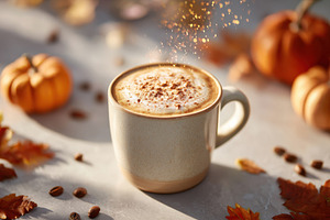 Cozy autumn coffee with pumpkins and leaves, a Food & Drink Photo by AlyaAnd