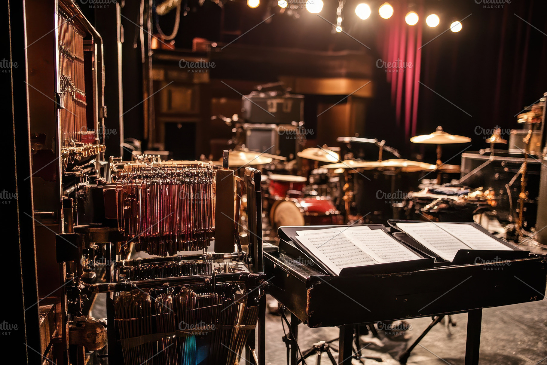 Musical instruments set up for a liv, a Photo by Tanuart