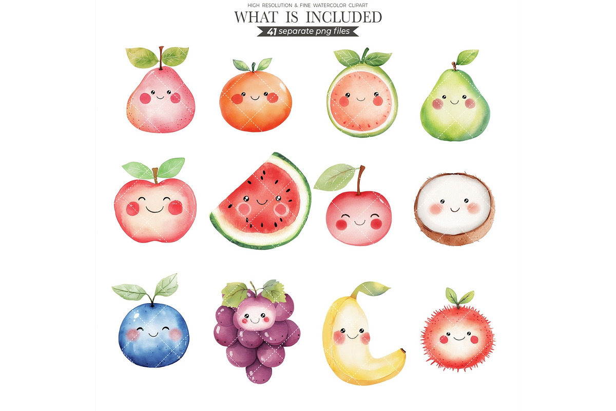 Cute Fruits Clipart Watercolor PNG, an Illustration by CharmClipart (Photo 3 of 9)
