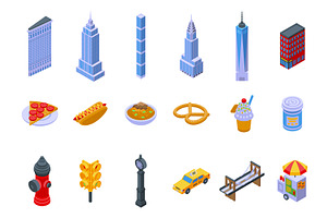 New York Icons Set Isometric Vector