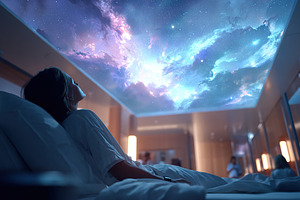 Dreamy night sky projection over a sleeper in a modern bedroom with cosmic them, a Photo by AlyaAnd