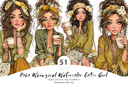 Boho Whimsical Coffee Girl Clipar, a Seasonal Illustration by CreationArt (Thumbnail 1 of 7)