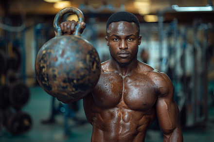 Muscular Man Training With Kettlebell In Home Gym, a Photo by AS photostudio