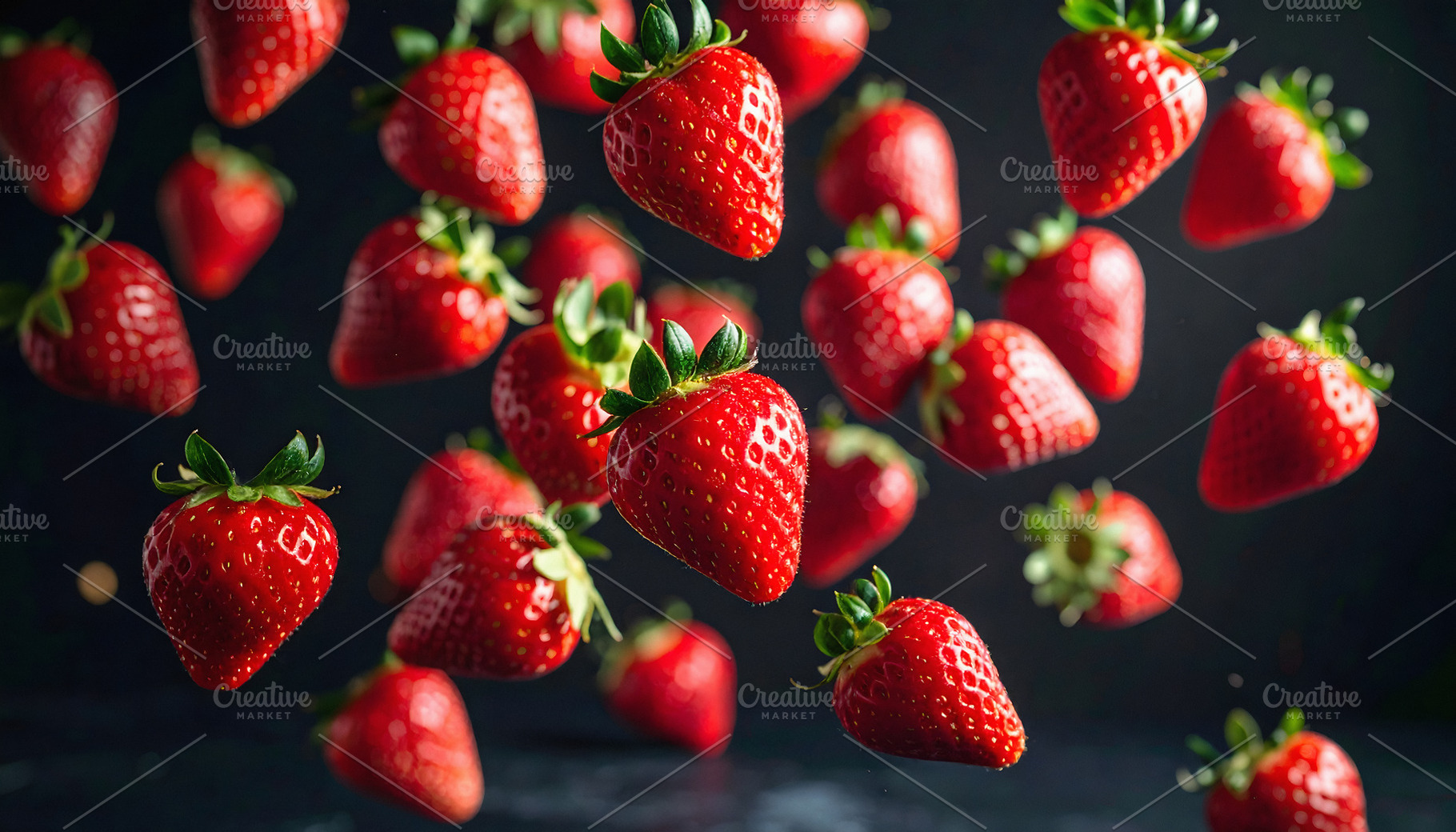 Fresh strawberries floating in midair against dark background, a Food & Drink Photo by GoodGoods