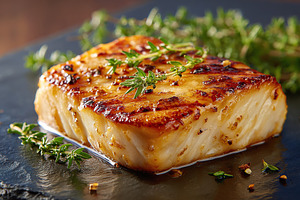 Grilled fish fillet with herbs on slate, a Food & Drink Photo by AlyaAnd