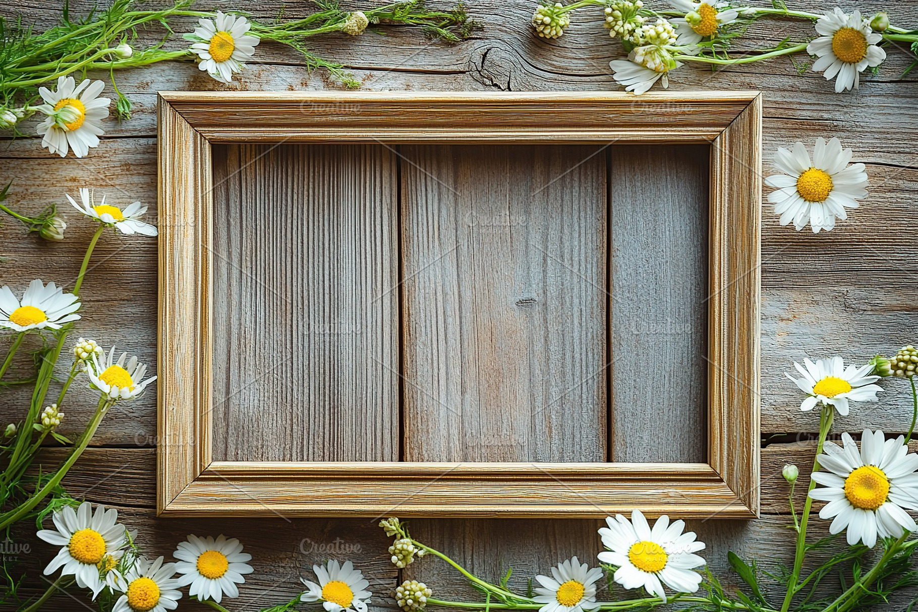 Flat lay photo of empty photo frame and spring chamomile flowers on wooden back, a Background Photo by AlyaAnd