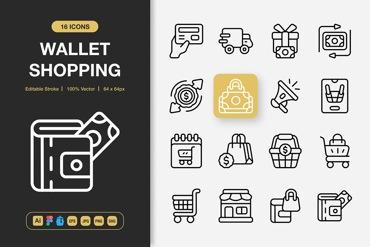 Wallet Shopping Icons, an Outline Icon by Spacepixel Creative