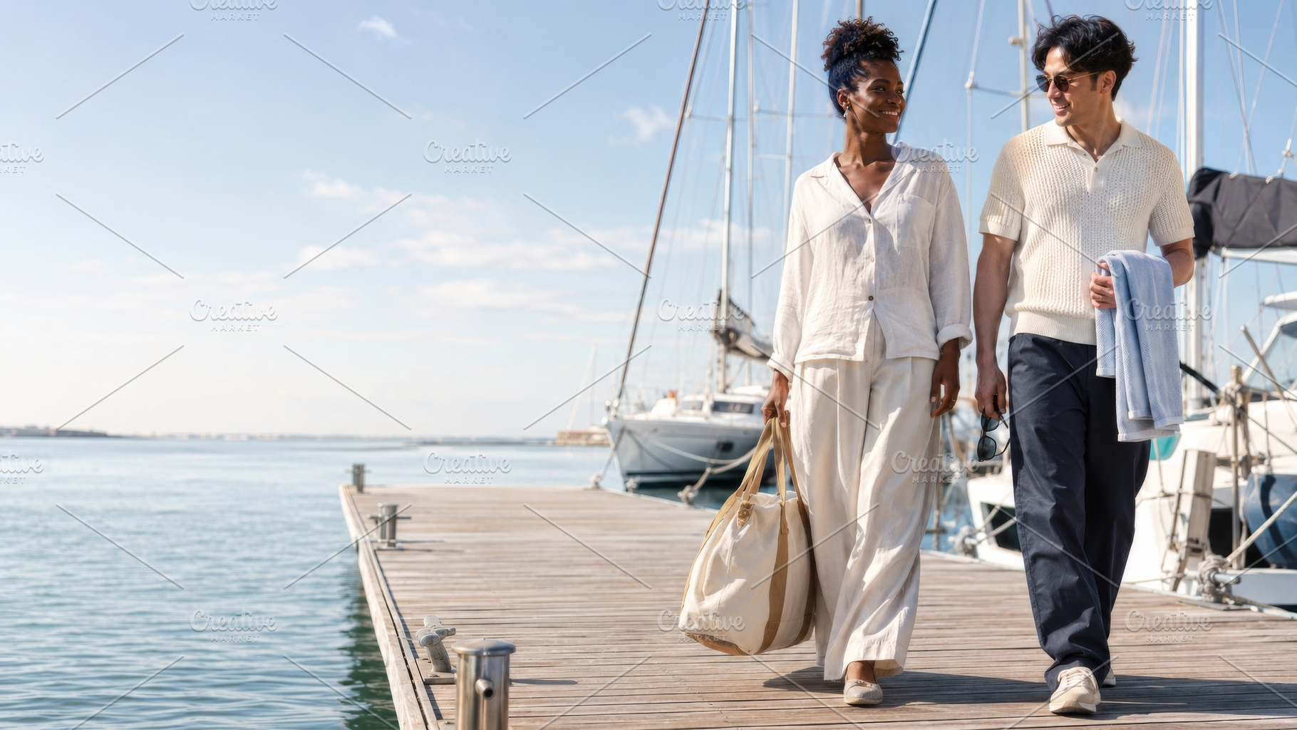 Couple walking on marina dock with s, a Photo by Dvoevnore photos
