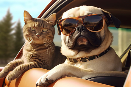 Dog and cat looking out car window. Travel by car. Generative AI, an Animal Photo by AlyaAnd