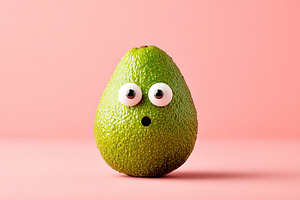 Expressive avocado with googly eyes showcases quirky personality against pink b, a Food & Drink Photo by AlyaAnd