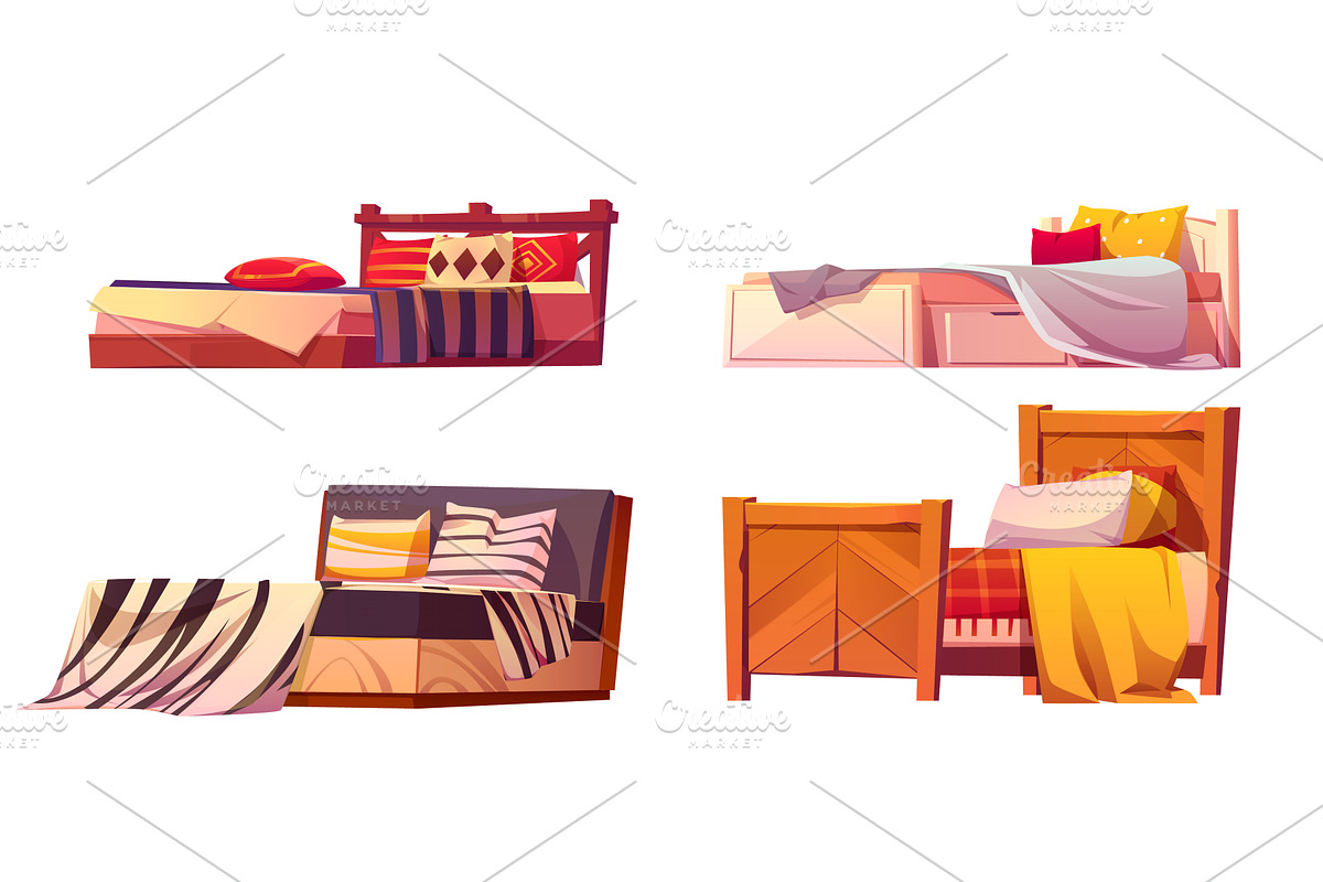 Wooden beds set isolated on white, an Object Illustration by art PVP - market