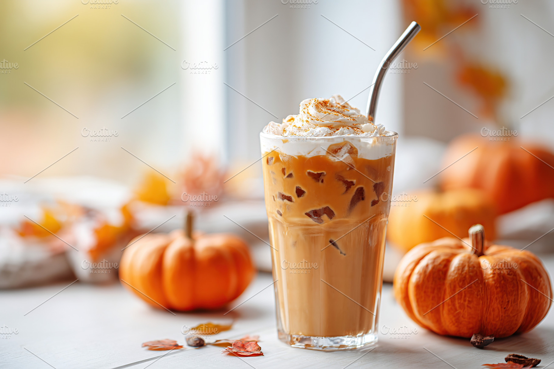 A delicious pumpkin drink with whipped cream and caramel drizzle garnished with, a Food & Drink Photo by AlyaAnd