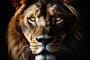 Dramatic portrait of a lion with fiery gaze and dark mane, an Animal Photo by GoodGoods