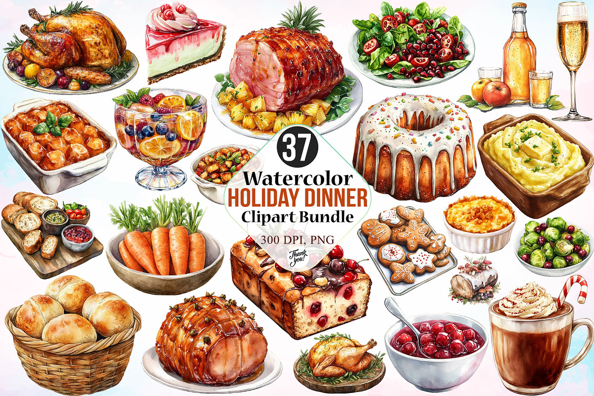 Watercolor Holiday Dinner Clipart, an Illustration by Canvas Craft (Photo 1 of 3)
