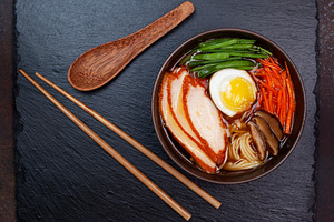Ramen soup with chicken containing ramen, japanese, and food