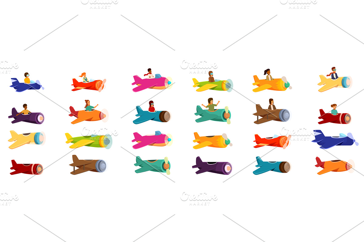 Kids flying plane icons set. Pilots, a Transportation Illustration by Ylivdesign