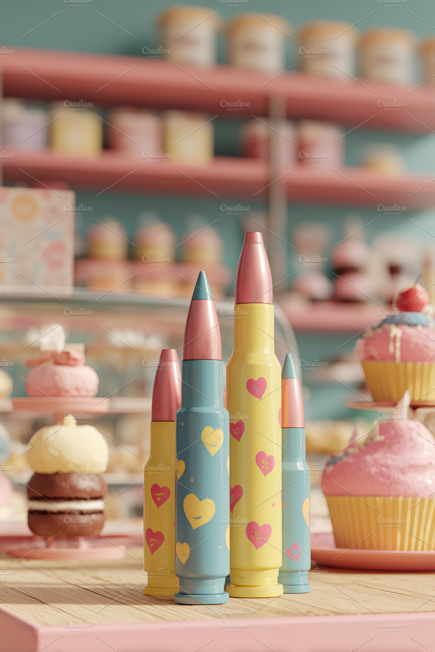 A colorful display of oversized crayons with heart patterns, set in a pastel-th, an Arts & Entertainment Photo by Textures & Backgrounds