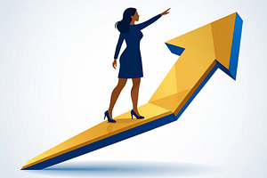 Person standing confidently at top a large upward arrow, a Business Photo by DanFLCreativo