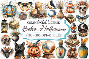 Watercolor Boho Halloween Clipart, an Illustration by designcity5