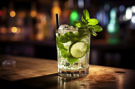 Alcoholic mojito with ice and mint on bar table, a Food & Drink Photo by AlyaAnd