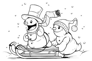 Snowmen On Sled. Winter Activities