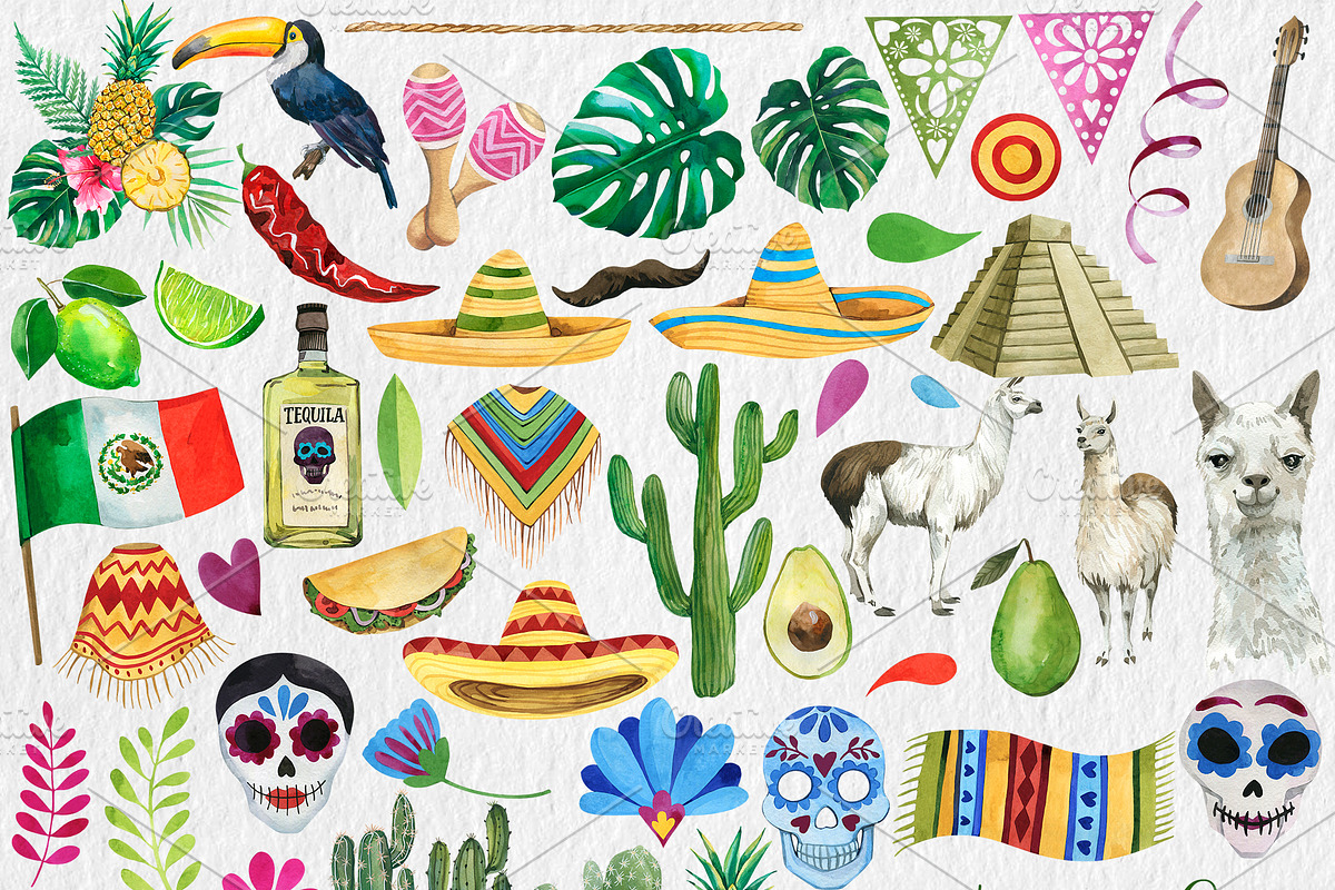 Watercolor Mexican Party Clipart PNG, an Object Illustration by PatternPalette (Photo 3 of 3)
