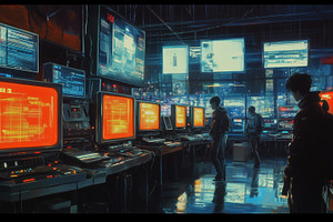 A futuristic control room filled with glowing screens and monitors displaying d, an Arts & Entertainment Photo by Textures & Backgrounds