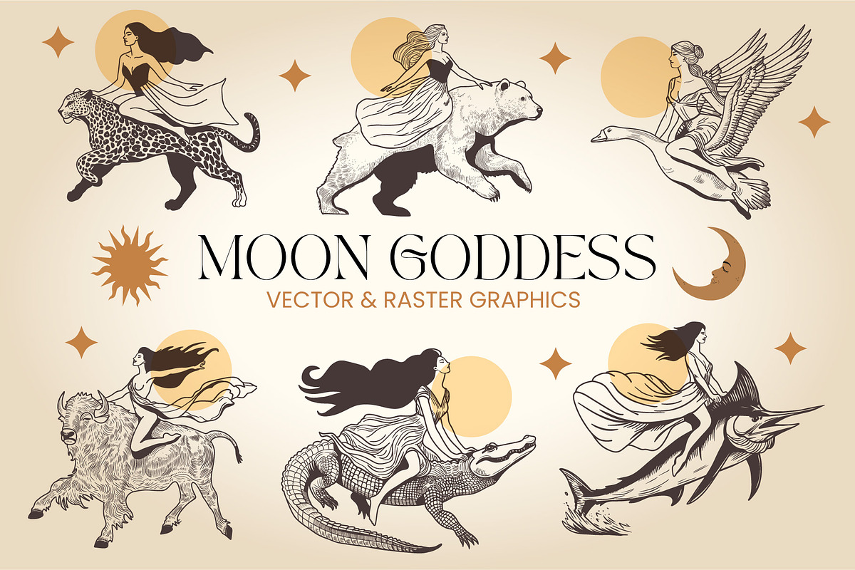 Moon Goddess Spirit Animal Bundle, an Illustration by Wanderlust Heart Branding (Photo 1 of 8)