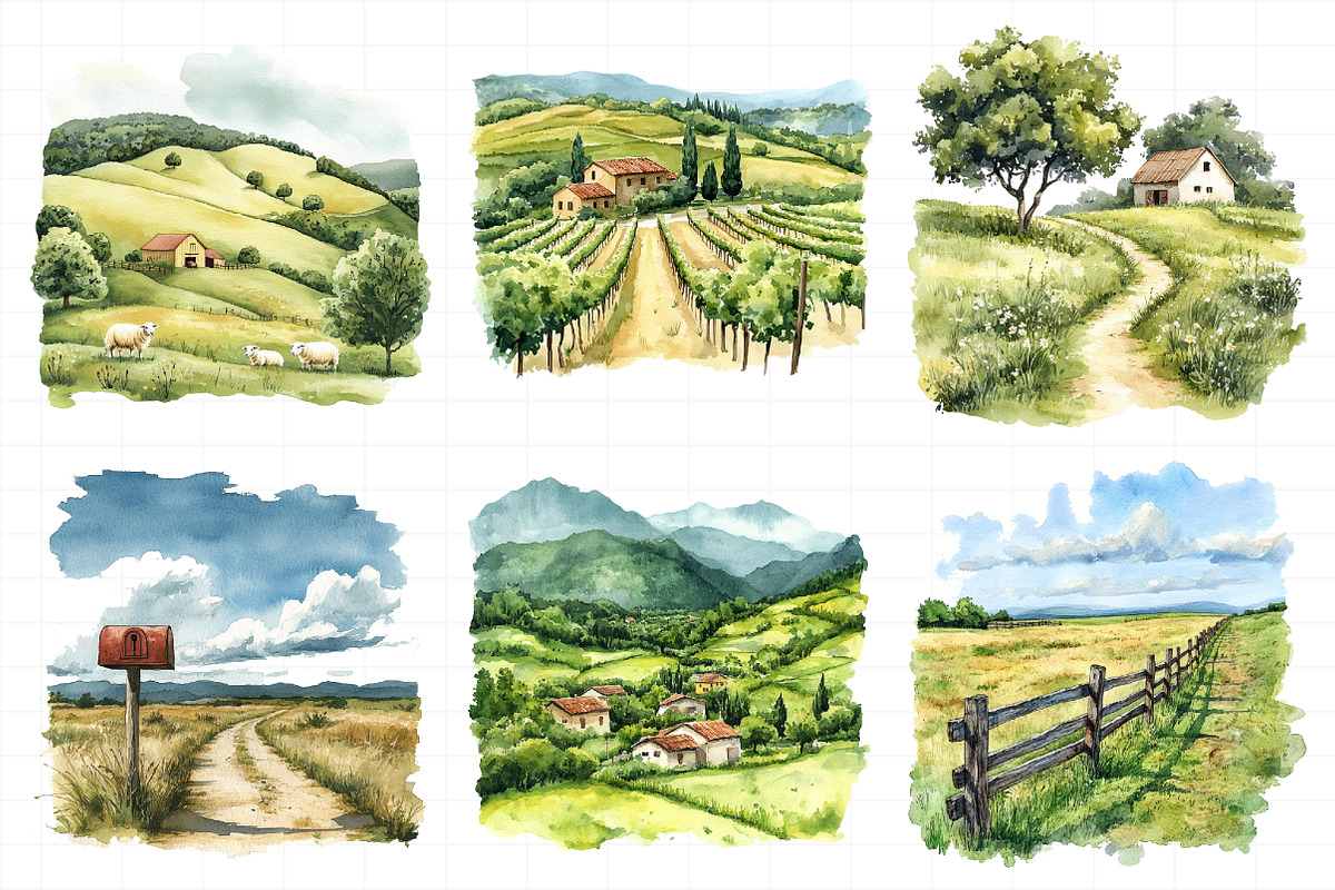 Rural Lanscape Watercolor Clipart, an Illustration by Daily.Designs (Photo 3 of 5)